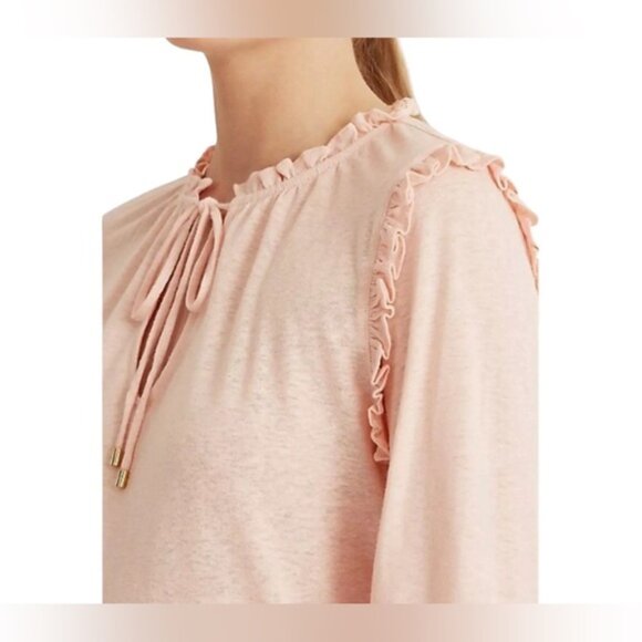 NWT LAUREN RALPH LAUREN BLACK LABEL LINEN Blend Ruffle Neck Top Keyhole Neck LG - Picture 3 of 15